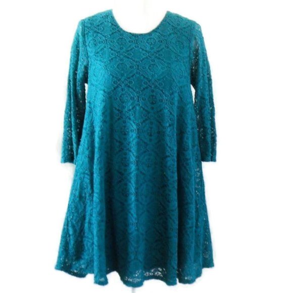 Sharagano Peacock Teal Lace Trapeze Dress - Picture 6 of 9